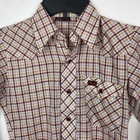 Girls Wrangler Button up Long Sleeve Shirt Size 10 Plaid Color Maroon,Tan White - Picture 2 of 7